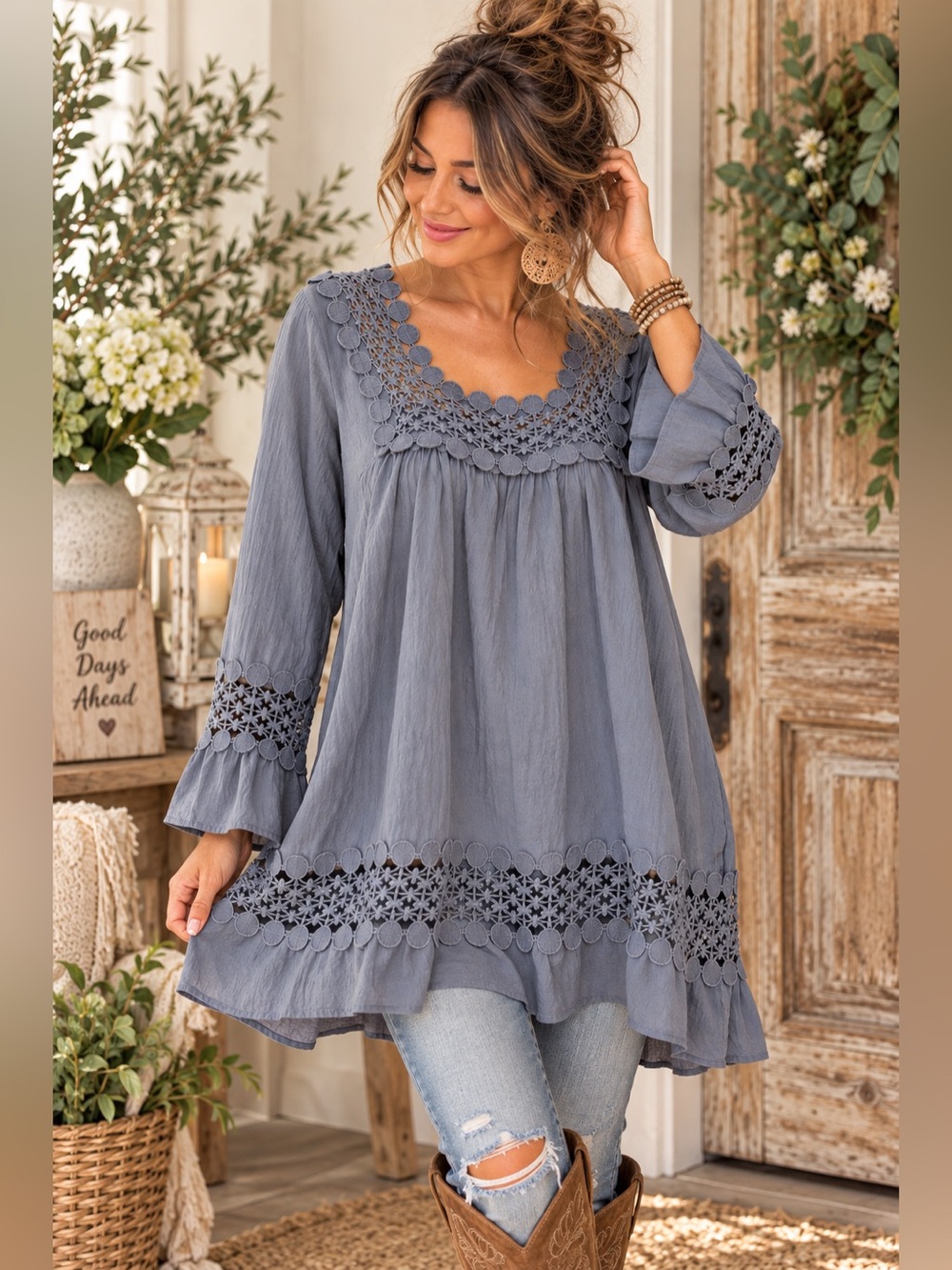 NWT Anandas Collection L 100% Cotton Crochet Boho Tunic Blouse